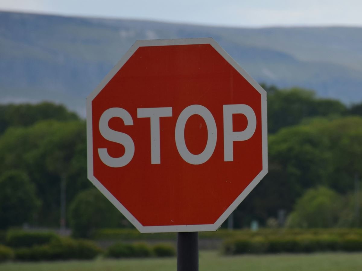 Red stop sign in front of green trees and mountains